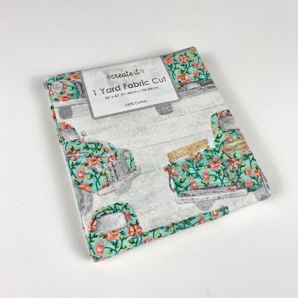 CREATE IT 1 YD FABRIC 100% COTTON VTG Farm Truck Floral Teal Spring Cottage New - Picture 1 of 3